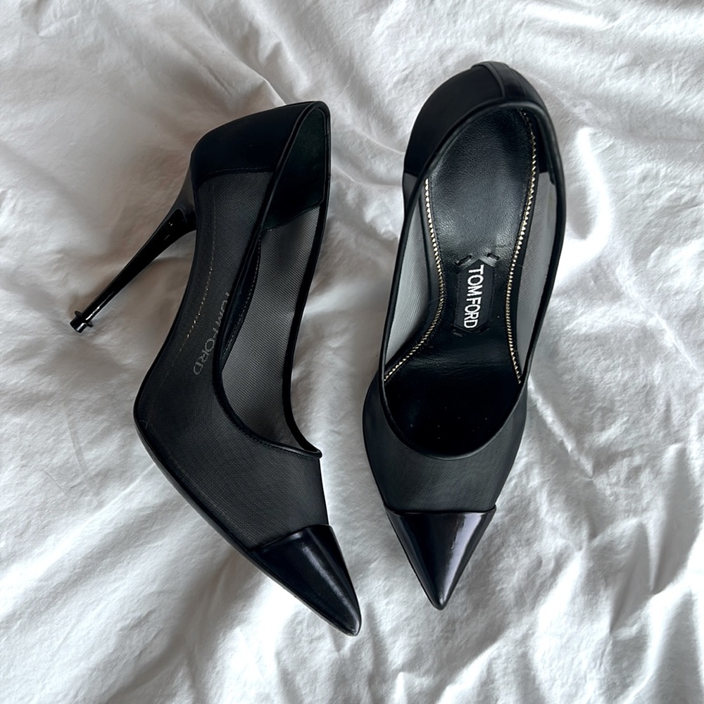 Pointed toe mesh and leather stilettos
